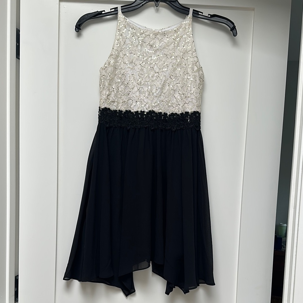 Girls Black and White handkerchief hem dress